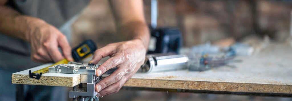 a carpenter in the process, a professional tool for precision drilling in wood.